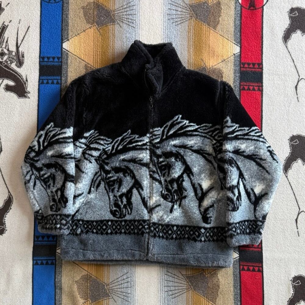 Vintage 90s Women’s Black Mountain Outdoor Horse Fleece Jacket Size Large